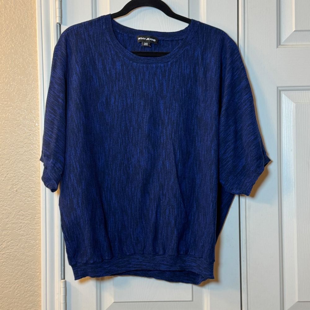 DKNY Royal Blue Heathered Bat Wing Dolman Short Sleeve Sweater Women's size XL